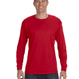 Man wearing a Gildan Heavy Cotton Long Sleeve T-shirt in Red.