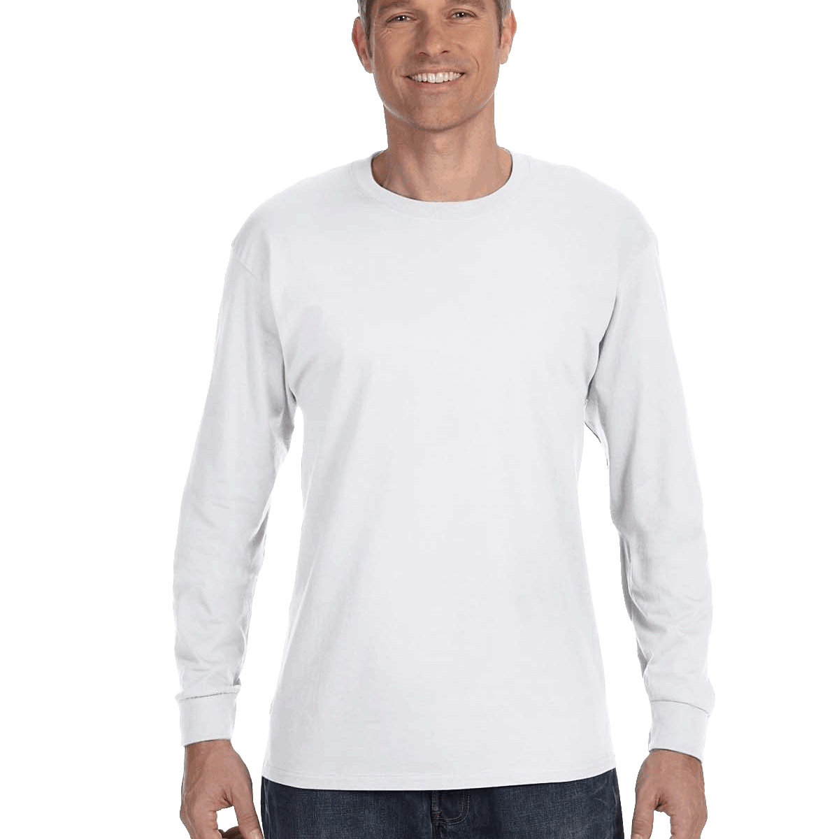 Man wearing a Gildan Heavy Cotton Long Sleeve T-shirt in White.