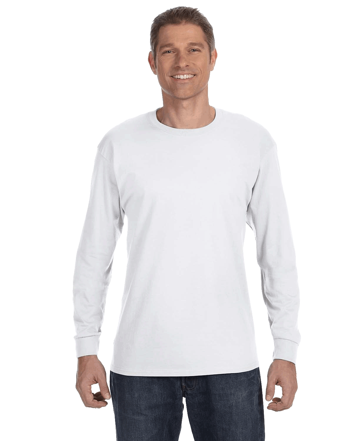 Man wearing a Gildan Heavy Cotton Long Sleeve T-shirt in White.