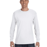 Man wearing a Gildan Heavy Cotton Long Sleeve T-shirt in White.