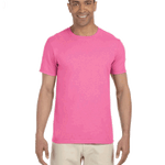 Man wearing a Gildan SoftStyle T-shirt in "Azalea" color, standing with a relaxed posture and smiling.