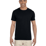 Man wearing a Gildan SoftStyle T-shirt in "Black" color, standing with a relaxed posture and smiling.