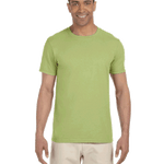 Man in a "Kiwi" colored Gildan SoftStyle T-shirt, standing with a relaxed posture and a friendly smile.