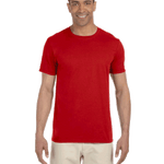 Man wearing a Gildan SoftStyle T-shirt in "Red" color, standing with a relaxed posture and smiling.