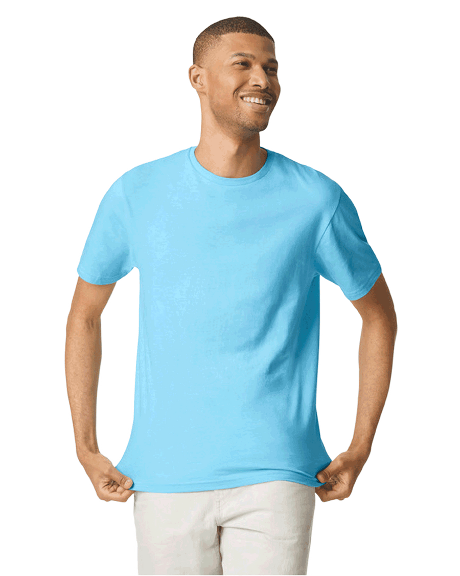 A model posing with a light blue Gildan Softstyle TShirt 64000