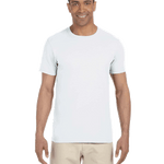 Man in a "White" colored Gildan SoftStyle T-shirt, standing with a relaxed posture and a friendly smile.