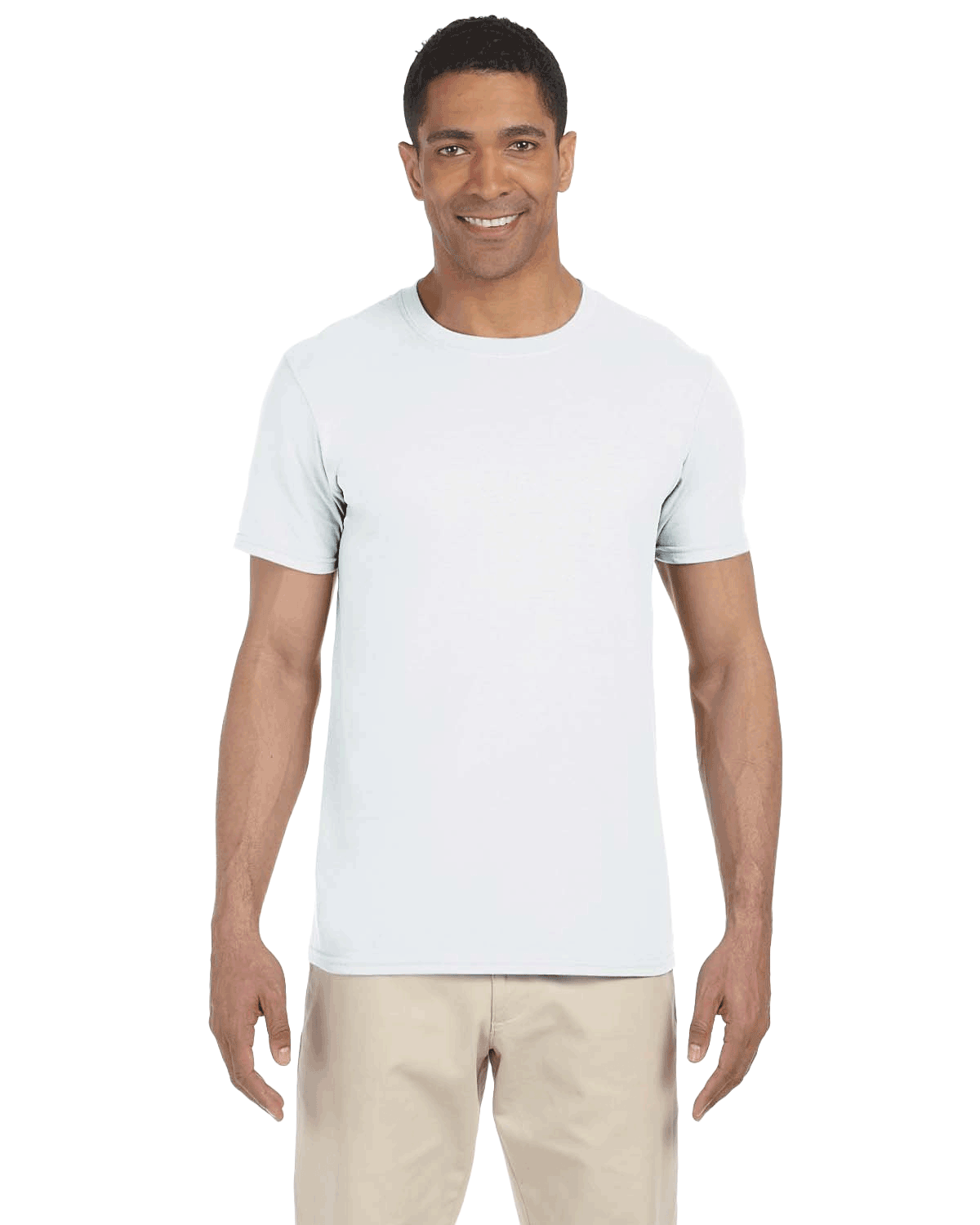 Man in a "White" colored Gildan SoftStyle T-shirt, standing with a relaxed posture and a friendly smile.