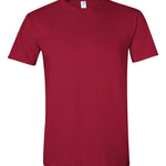 Photo of solid red crew neck t-shirt mockup on white background, showcasing classic unisex apparel ideal for screen printing and DTF transfers.