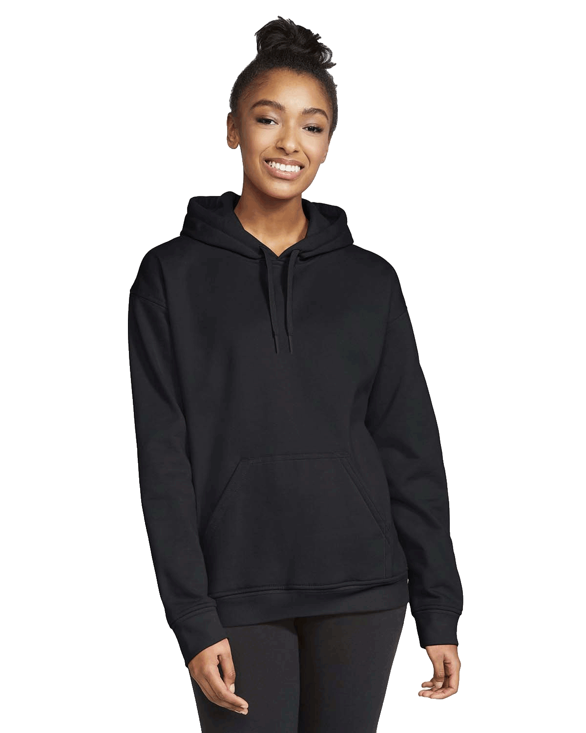 Model smiling while wearing a Gildan Adult Softstyle Fleece Pullover Hoodie in Black color.