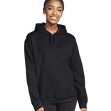 Model smiling while wearing a Gildan Adult Softstyle Fleece Pullover Hoodie in Black color.