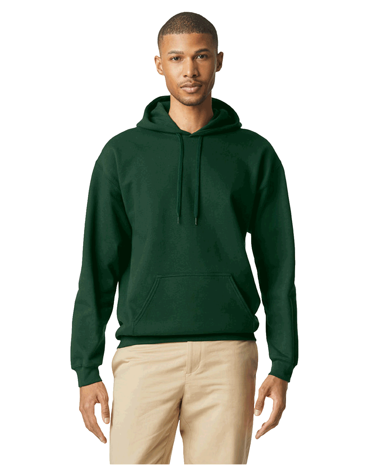 Model in a Gildan Adult Softstyle Fleece Pullover Hoodie, Forest Green, showcasing a casual fit with a front pocket and adjustable hood