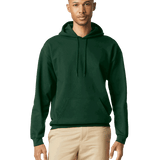 Model in a Gildan Adult Softstyle Fleece Pullover Hoodie, Forest Green, showcasing a casual fit with a front pocket and adjustable hood