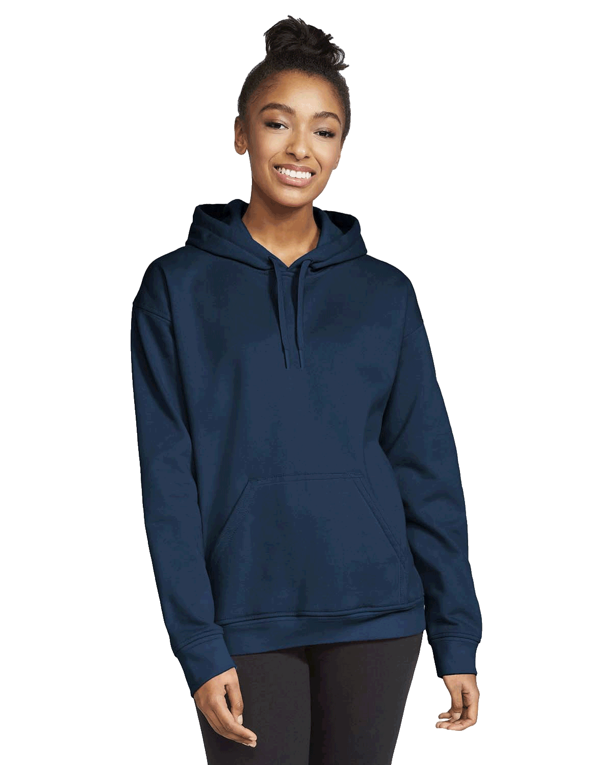 Model smiling while wearing a Gildan Adult Softstyle Fleece Pullover Hoodie in Navy color, showing the hoodie’s casual and comfortable fit.