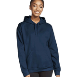 Model smiling while wearing a Gildan Adult Softstyle Fleece Pullover Hoodie in Navy color, showing the hoodie’s casual and comfortable fit.