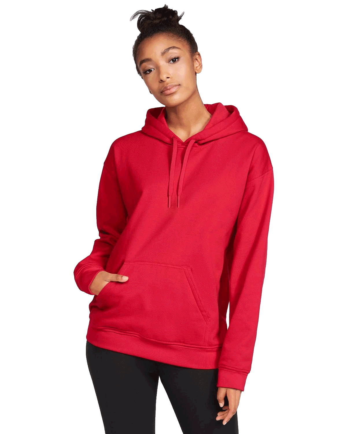 Model wearing a Gildan Adult Softstyle Fleece Pullover Hoodie in Red color, showing the hoodie’s casual and comfortable fit.