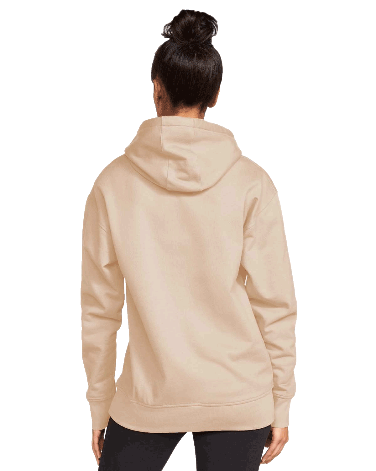 Back view of a woman wearing a Gildan Adult Softstyle Fleece Pullover Hoodie in Sand color.