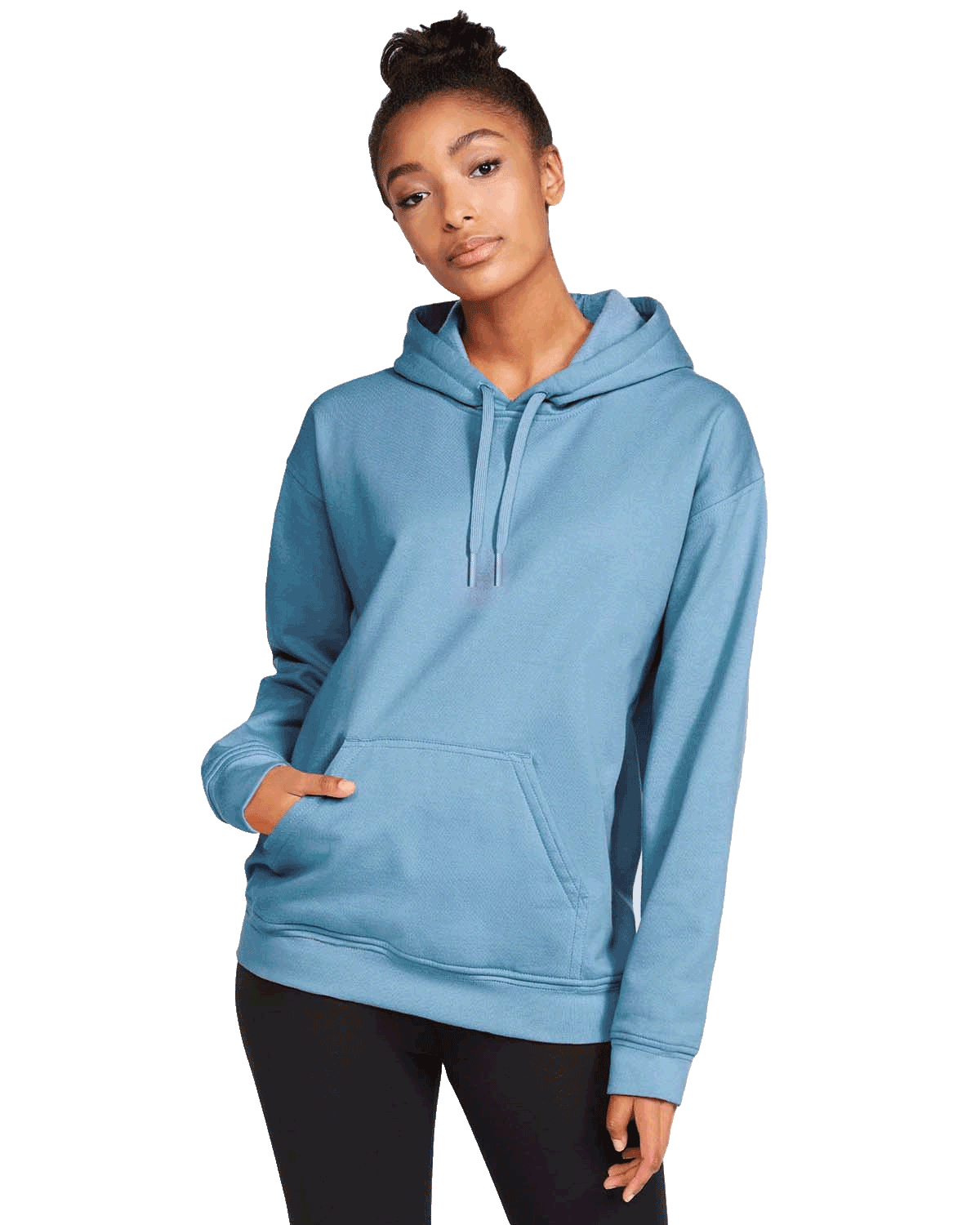 Front view of a woman wearing a Gildan Adult Softstyle Fleece Pullover Hoodie in Stone Blue color, with hands relaxed by her sides