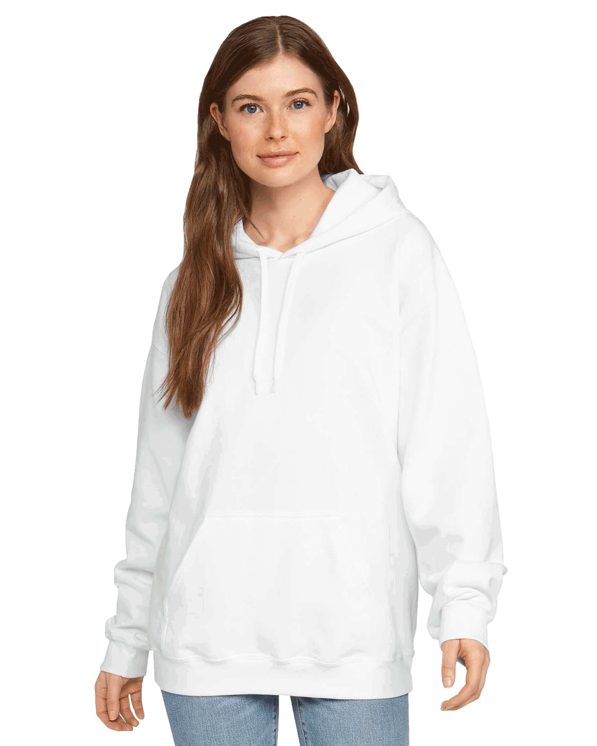 Front view of a woman wearing a Gildan Adult Softstyle Fleece Pullover Hoodie in White color, standing with a neutral expression and hands relaxed by her sides