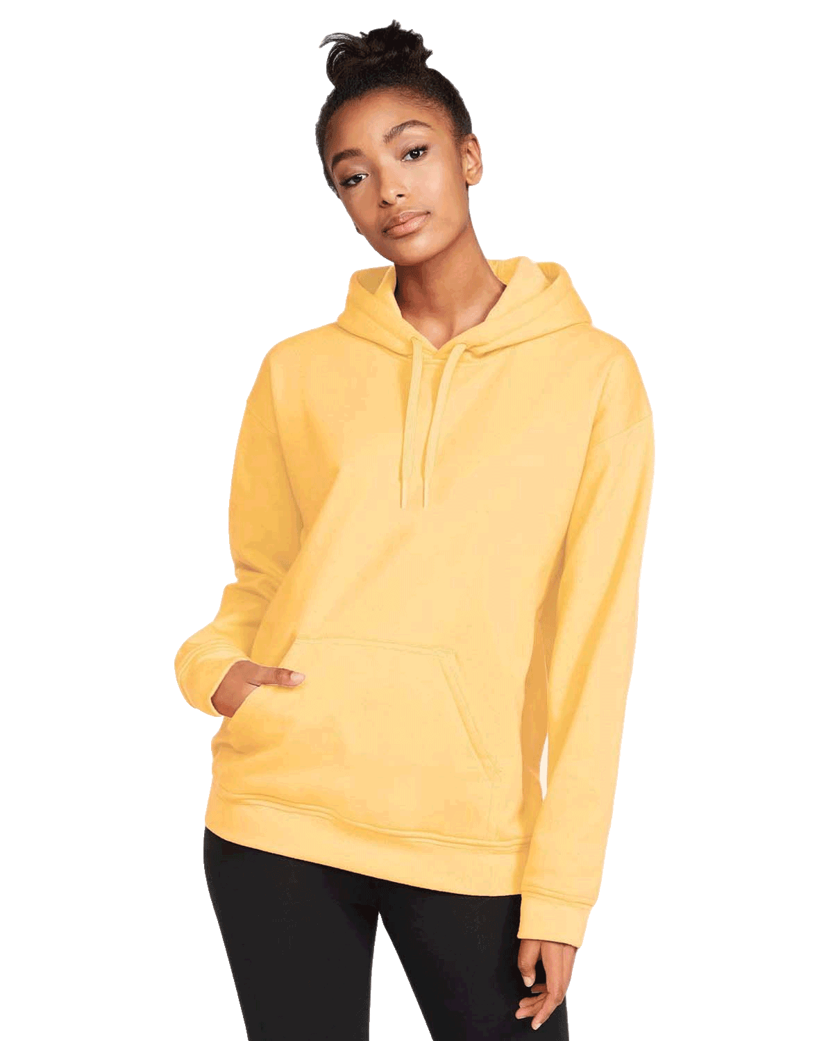 Front view of a woman wearing a Gildan Adult Softstyle Fleece Pullover Hoodie in Yellow Haze color, standing with a neutral expression