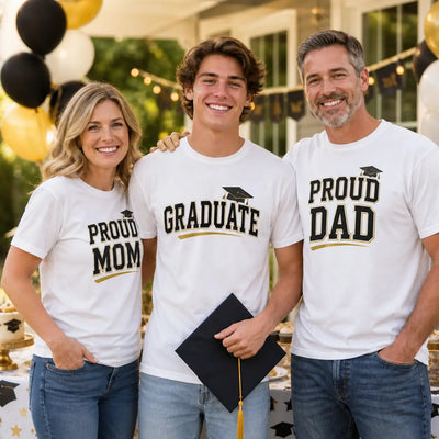 Graduate with proud mom and proud dad wearing matching graduation family shirts