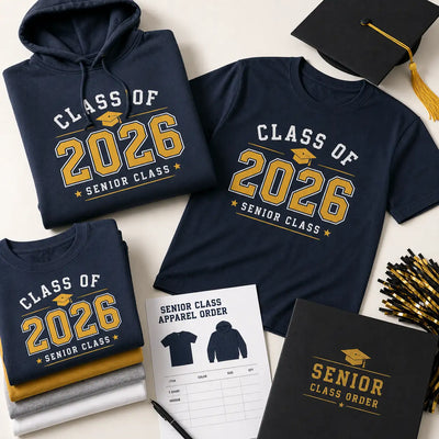 Senior class apparel order with matching Class of 2026 shirts, hoodie, cap, and order form