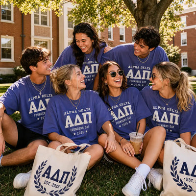 Group wearing matching Alpha Delta Pi shirts with Greek letter tote bags on campus