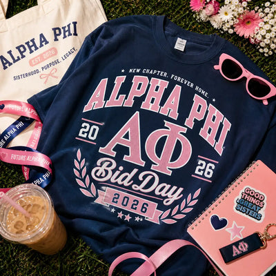 Alpha Phi bid day shirt flat lay with Greek life accessories and flowers