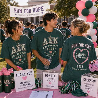 Delta Sigma Kappa Run for Hope philanthropy shirts at a campus fundraiser table