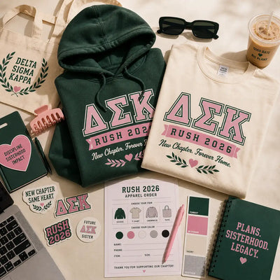 Delta Sigma Kappa rush 2026 hoodie and T-shirt with matching chapter planning materials