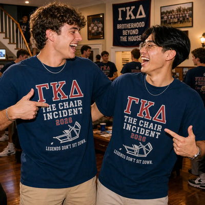 Two Gamma Kappa Delta members wearing matching brotherhood event shirts in a chapter house