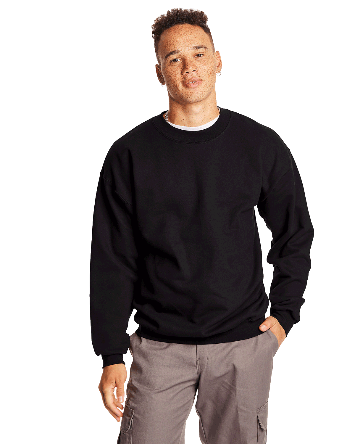 Man wearing a Hanes Adult Ultimate Cotton 90/10 Fleece Crew in Black.