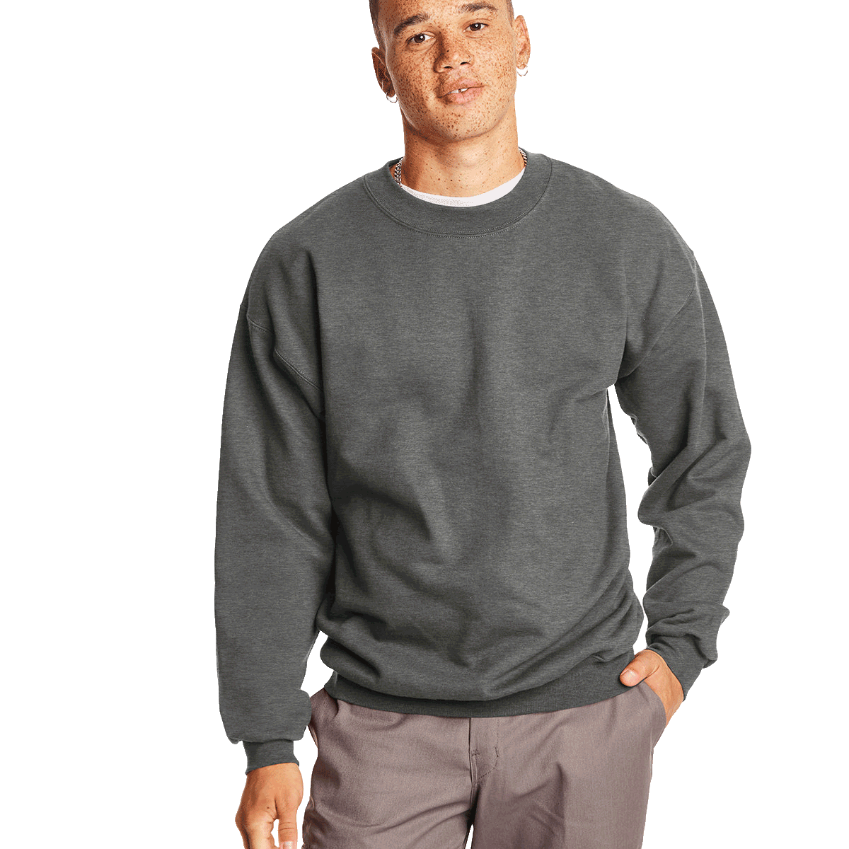 Man wearing a Hanes Adult Ultimate Cotton 90/10 Fleece Crew in Charcoal Heather.