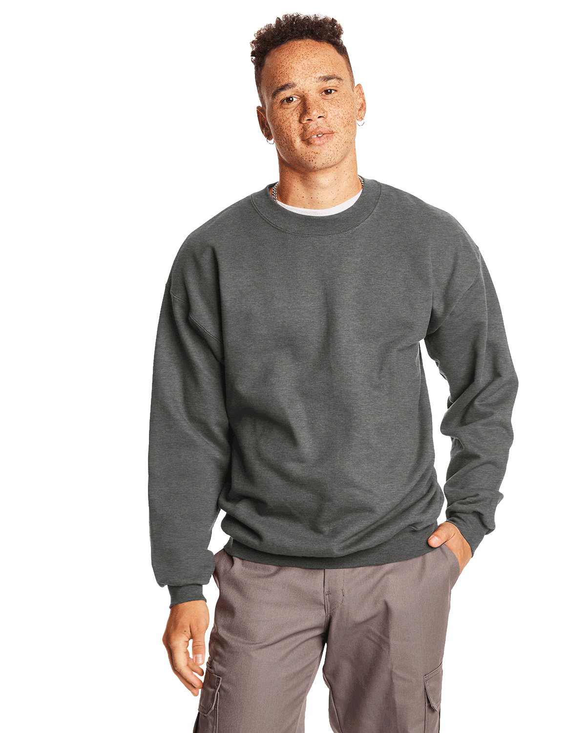 Man wearing a Hanes Adult Ultimate Cotton 90/10 Fleece Crew in Charcoal Heather.