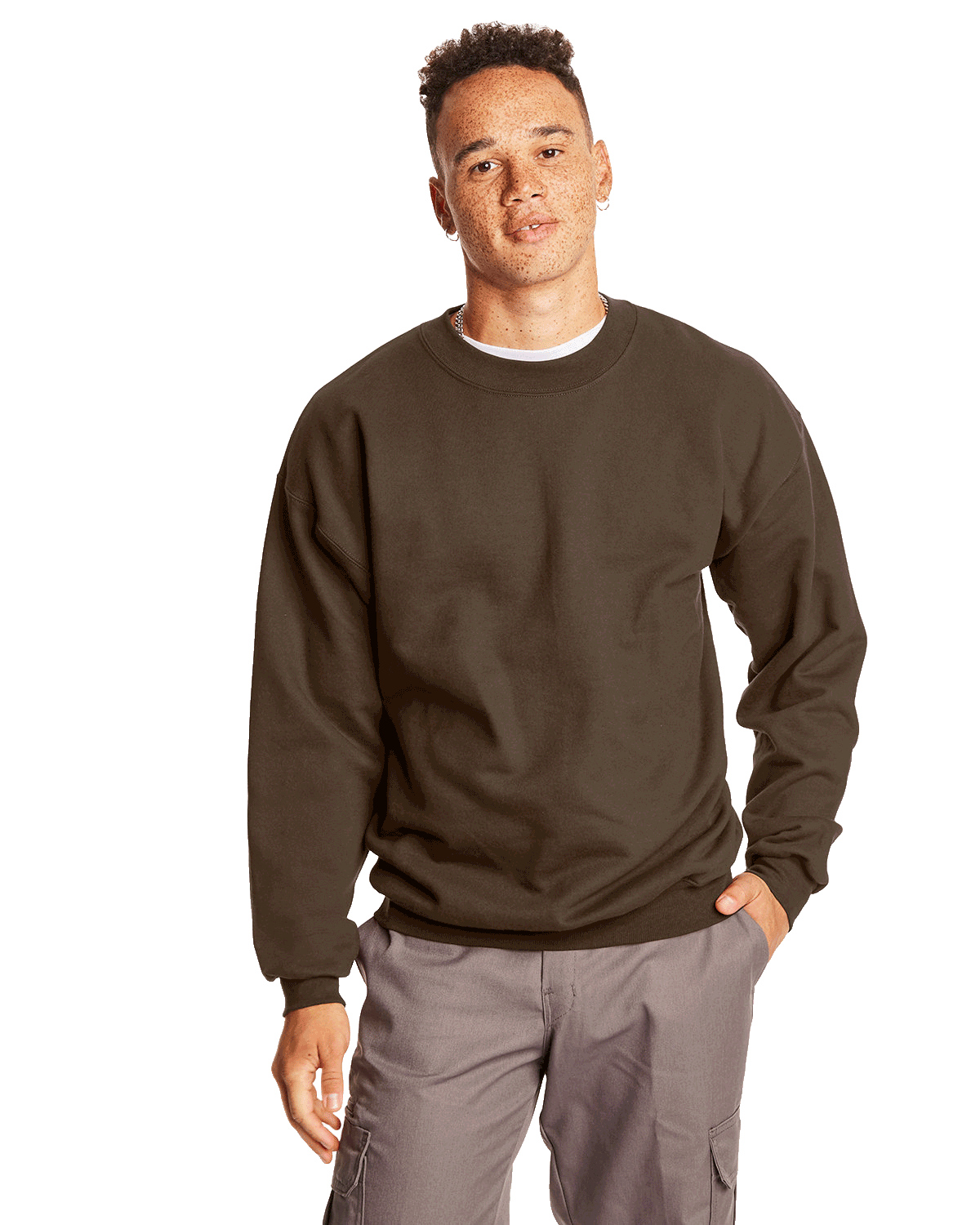 Man wearing a Hanes Adult Ultimate Cotton 90/10 Fleece Crew in Dark Chocolate.