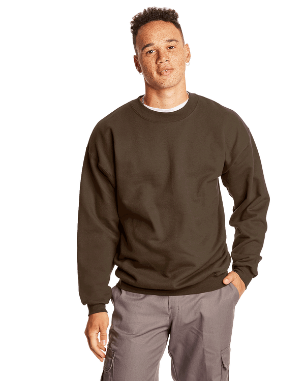 Man wearing a Hanes Adult Ultimate Cotton 90/10 Fleece Crew in Dark Chocolate.