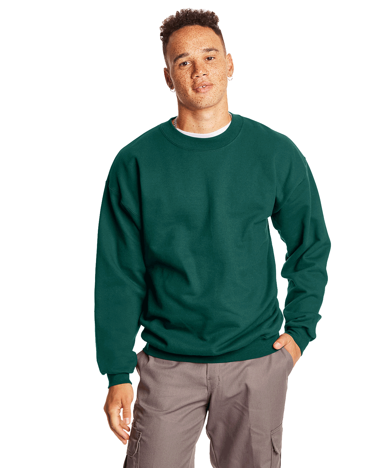 Man wearing a Hanes Adult Ultimate Cotton 90/10 Fleece Crew in Deep Forest.