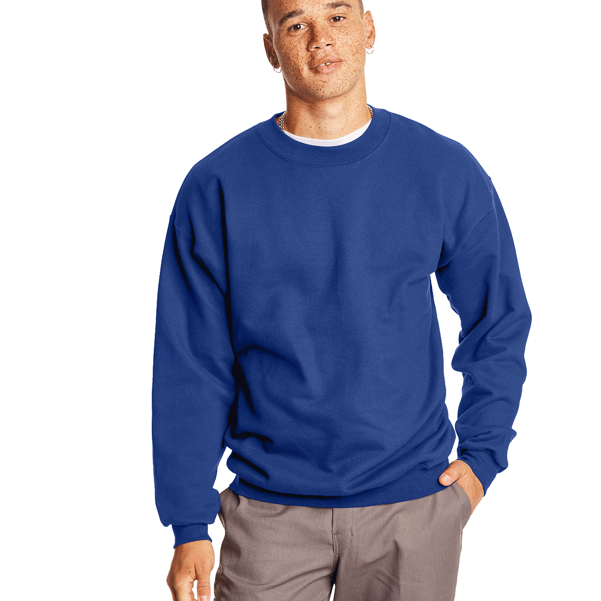 Man wearing a Hanes Adult Ultimate Cotton 90/10 Fleece Crew in Deep Royal.