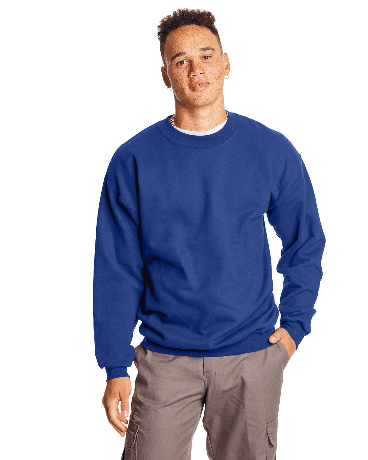 Man wearing a Hanes Adult Ultimate Cotton 90/10 Fleece Crew in Deep Royal.