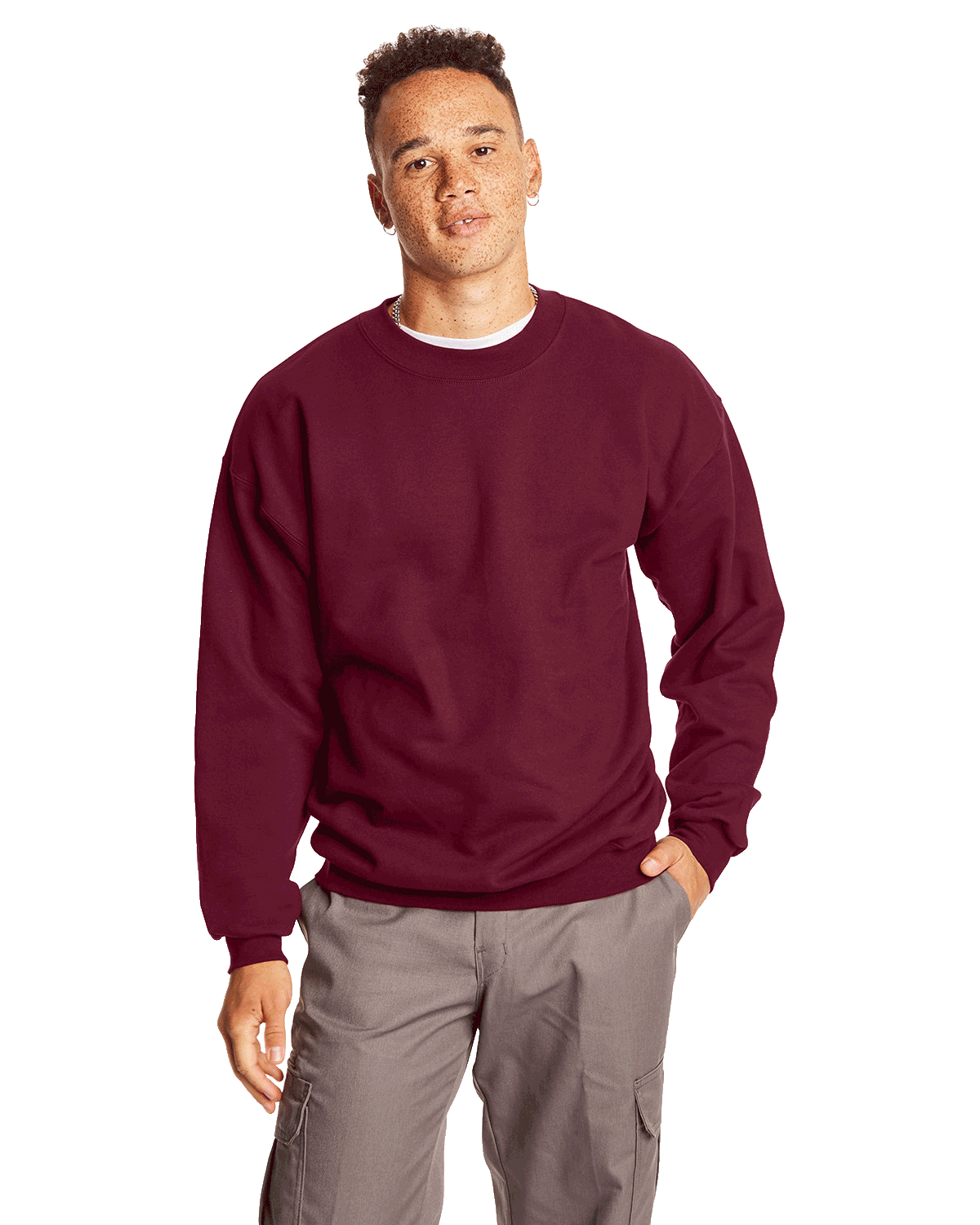 Man wearing a Hanes Adult Ultimate Cotton 90/10 Fleece Crew in Maroon.