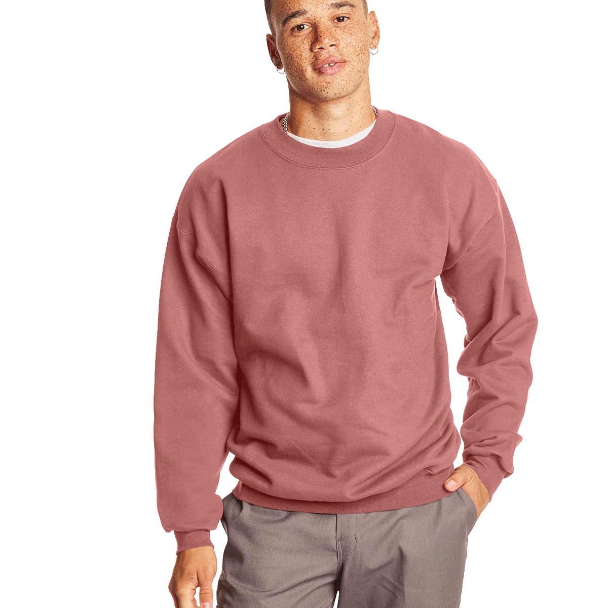 Man wearing a Hanes Adult Ultimate Cotton 90/10 Fleece Crew in Mauve.