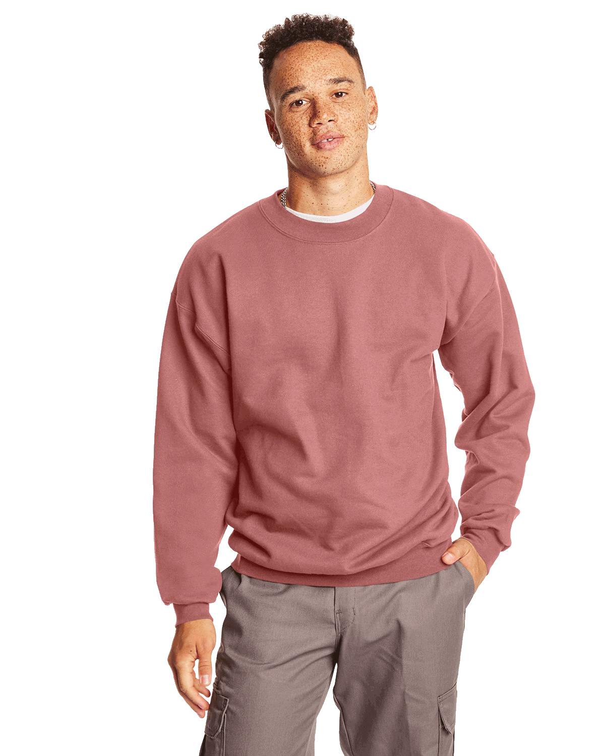 Man wearing a Hanes Adult Ultimate Cotton 90/10 Fleece Crew in Mauve.