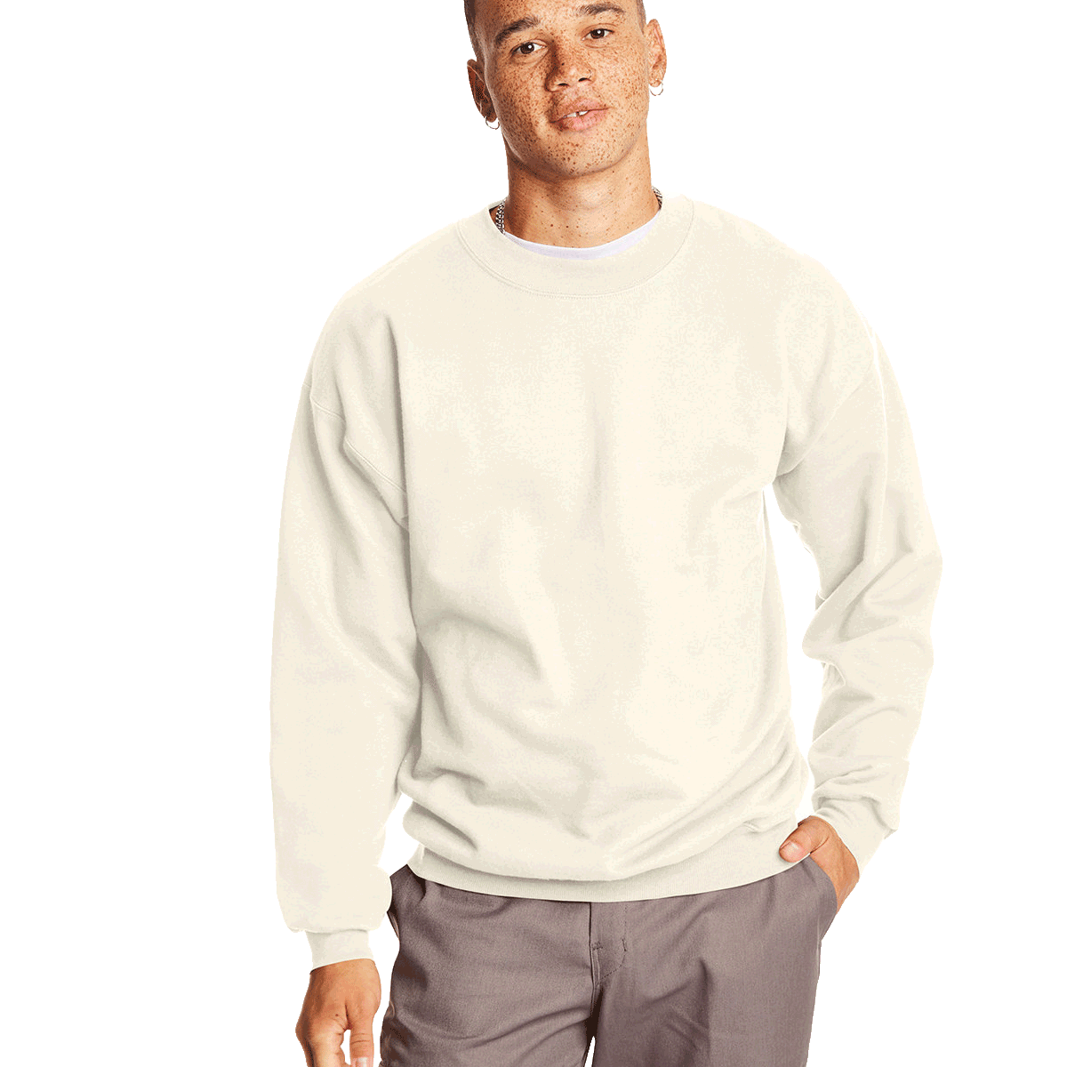 Man wearing a Hanes Adult Ultimate Cotton 90/10 Fleece Crew in Natural.