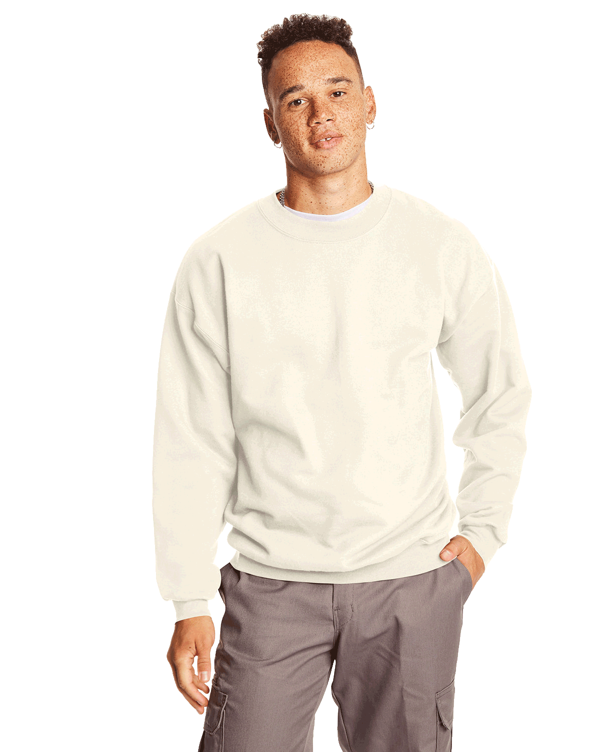 Man wearing a Hanes Adult Ultimate Cotton 90/10 Fleece Crew in Natural.