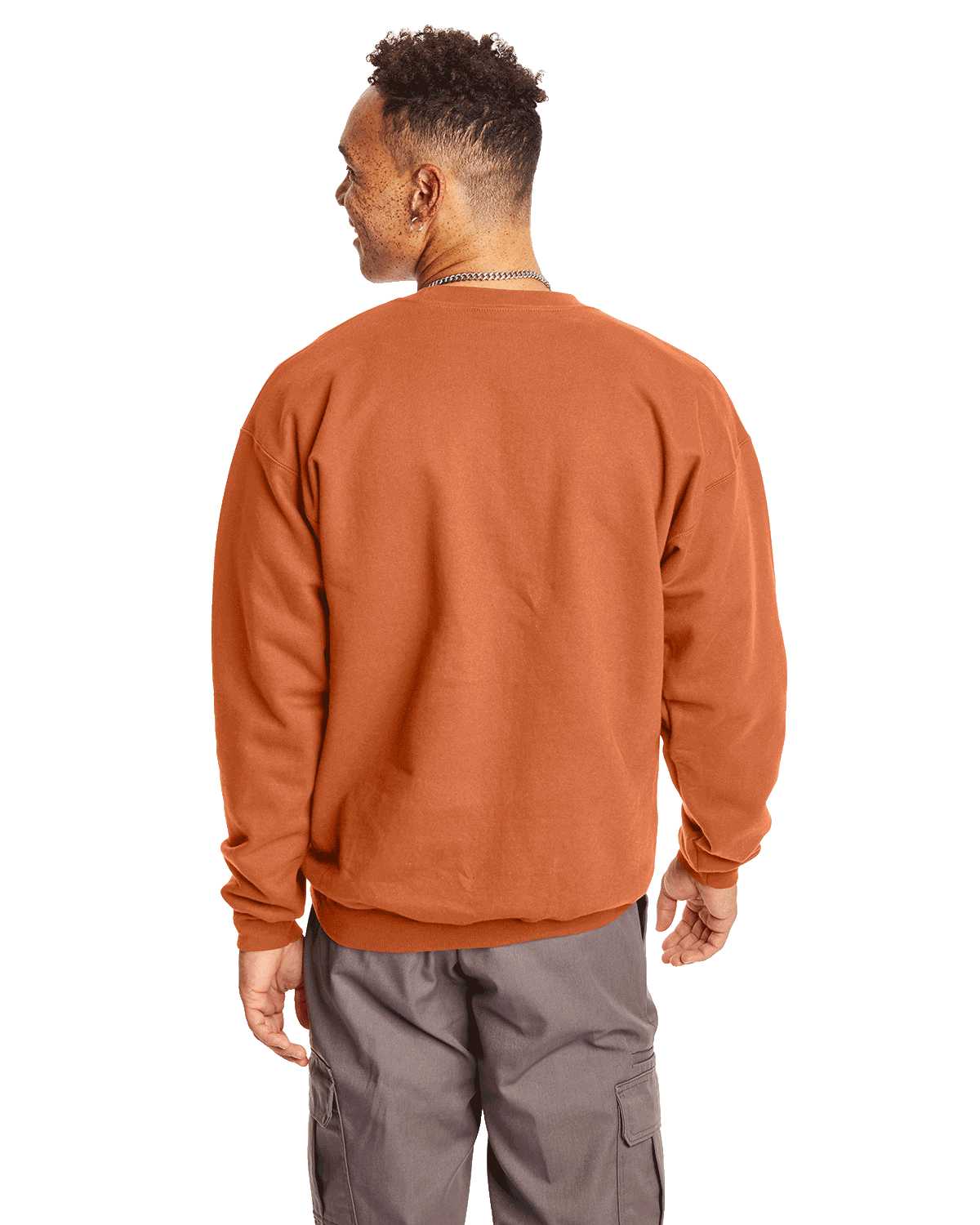 Rear view of a man wearing a Hanes Adult Ultimate Cotton 90/10 Fleece Crew in Pumpkin.