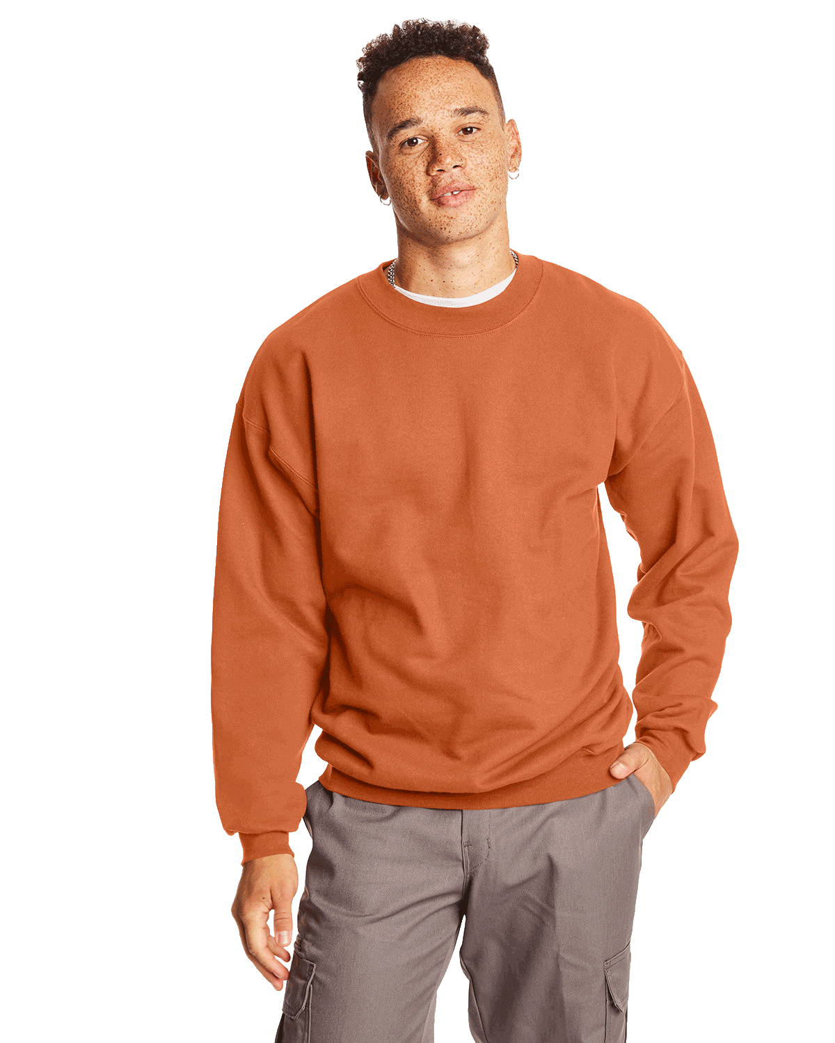 Man wearing a Hanes Adult Ultimate Cotton 90/10 Fleece Crew in Pumpkin.