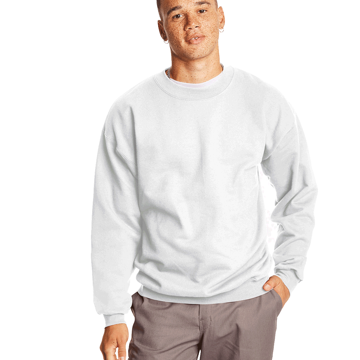 Man wearing a Hanes Adult Ultimate Cotton 90/10 Fleece Crew in White.