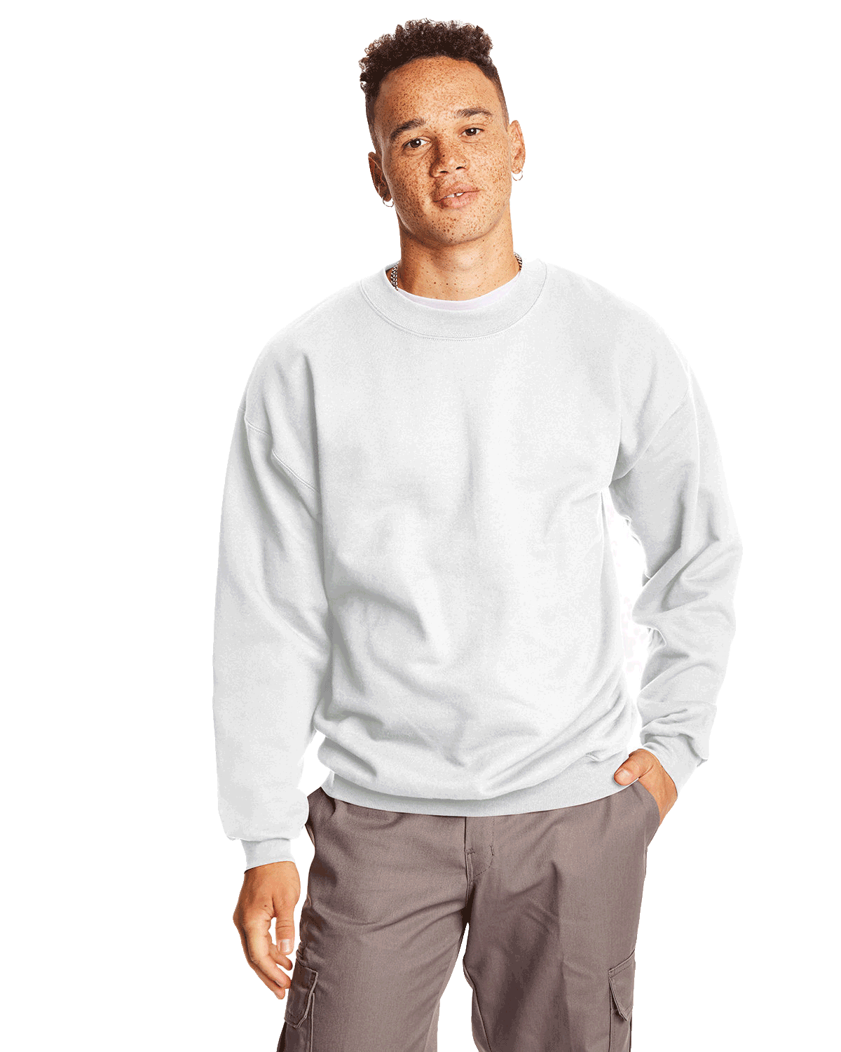 Man wearing a Hanes Adult Ultimate Cotton 90/10 Fleece Crew in White.