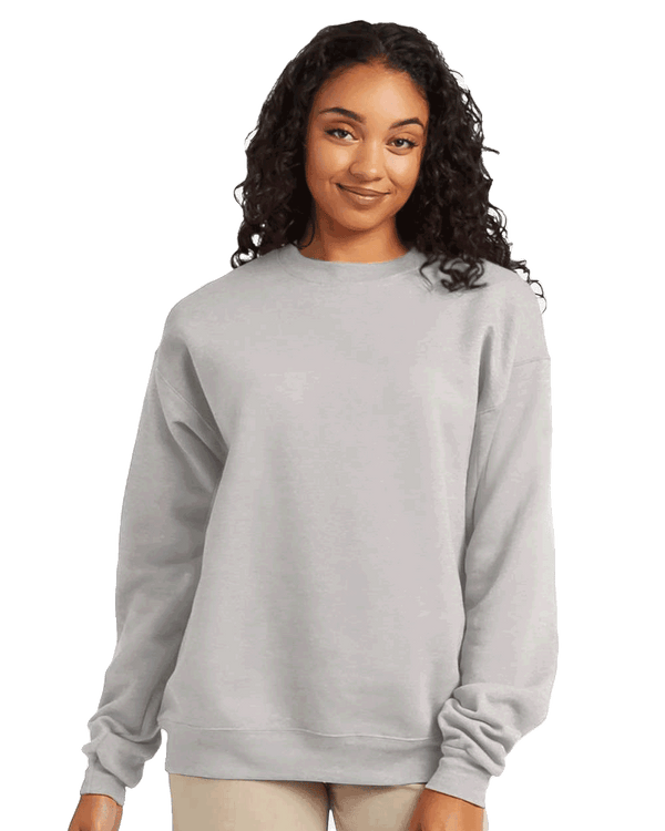 Hanes Heather grey crewneck fleece sweatshirt on female model, blank pullover ideal for custom screen printing