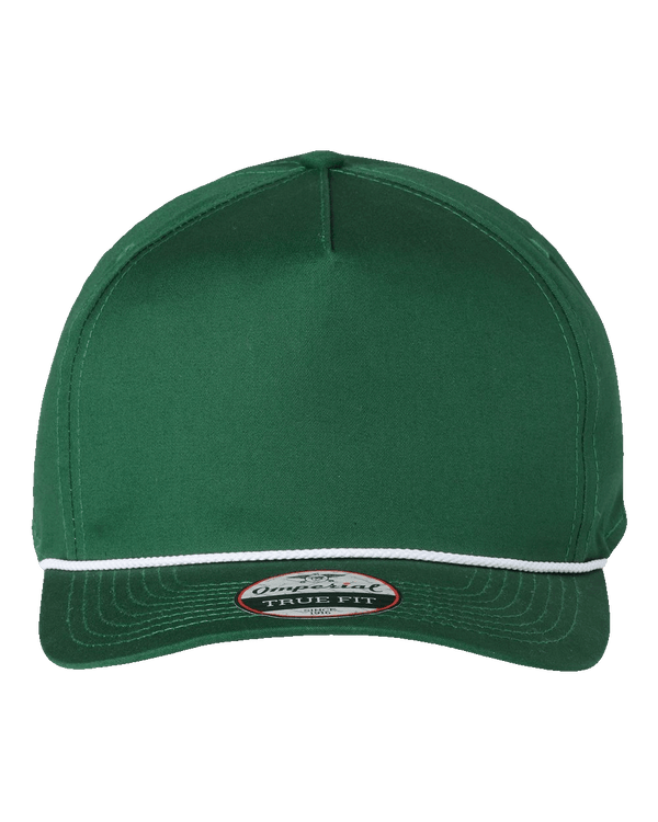 Forest Green custom baseball cap with white cord accent on brim and adjustable back strap – promotional headwear by Print-MO.