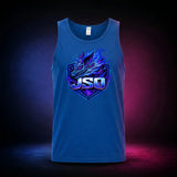 Royal Gildan 5200 tank top featuring the neon JSO three-headed wolf shield, front view